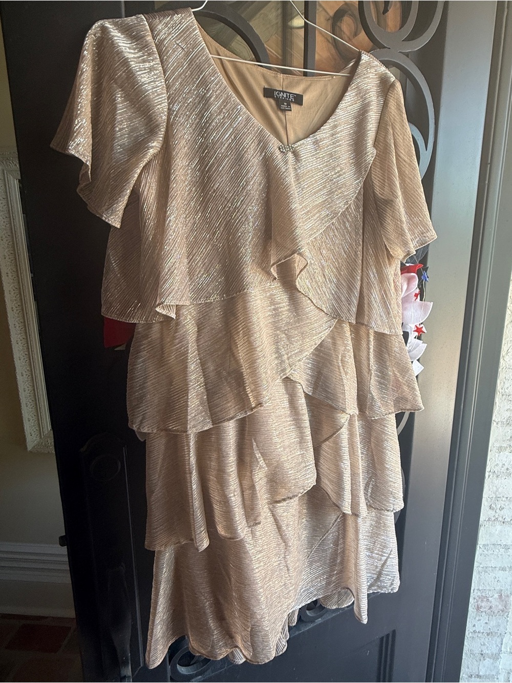 Ignite Evenings Gold Tiered Ruffle Evening Dress